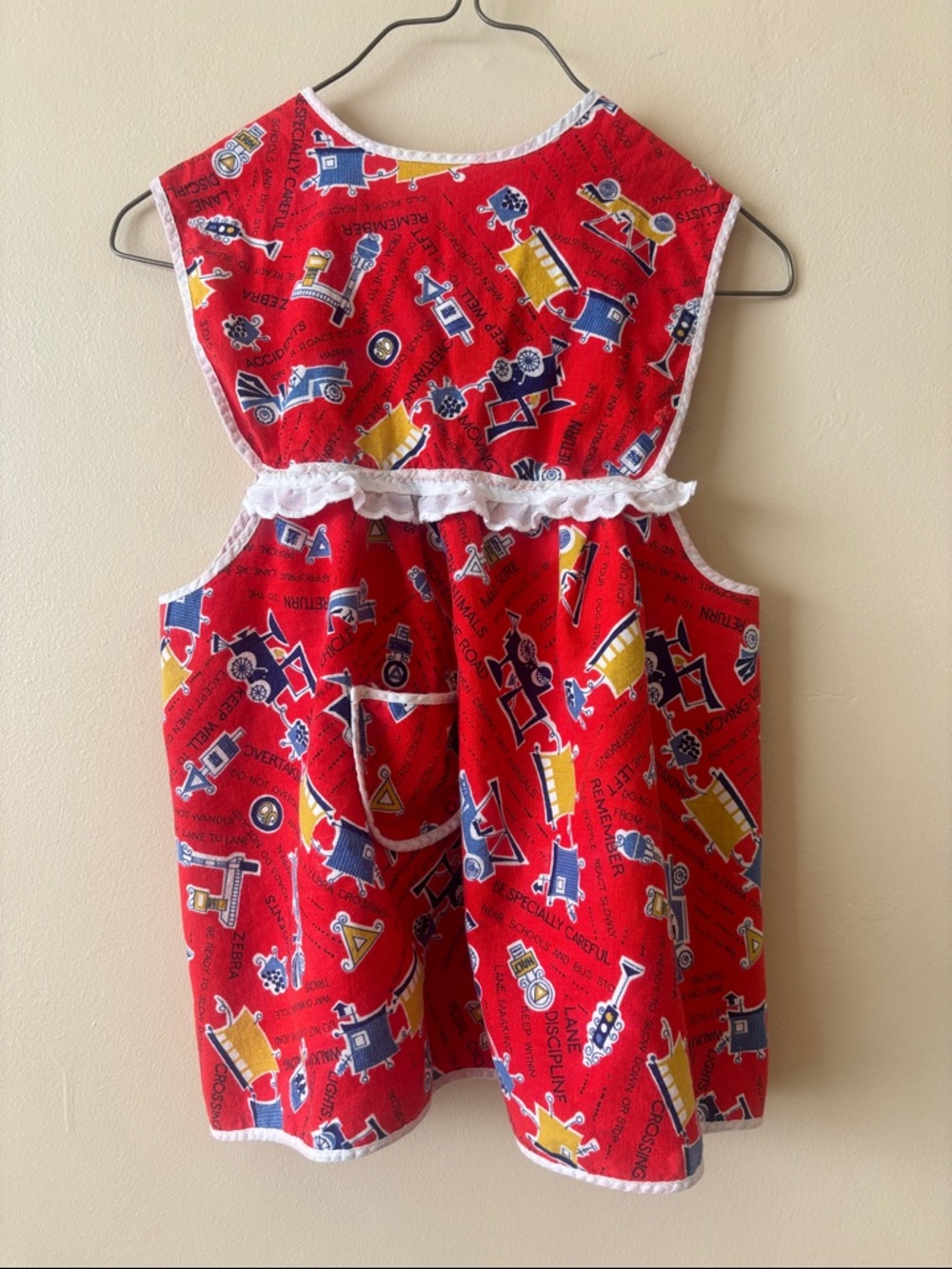 Vintage Red Children's Pinafore Apron Dress with Toy Truck train car print 3-4y
